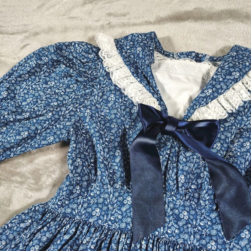 Vtg Mini World Prairie Dress Size 8 Blue Ditsy Floral Ruffle Lace Cottage Utah - Picture 5 of 11